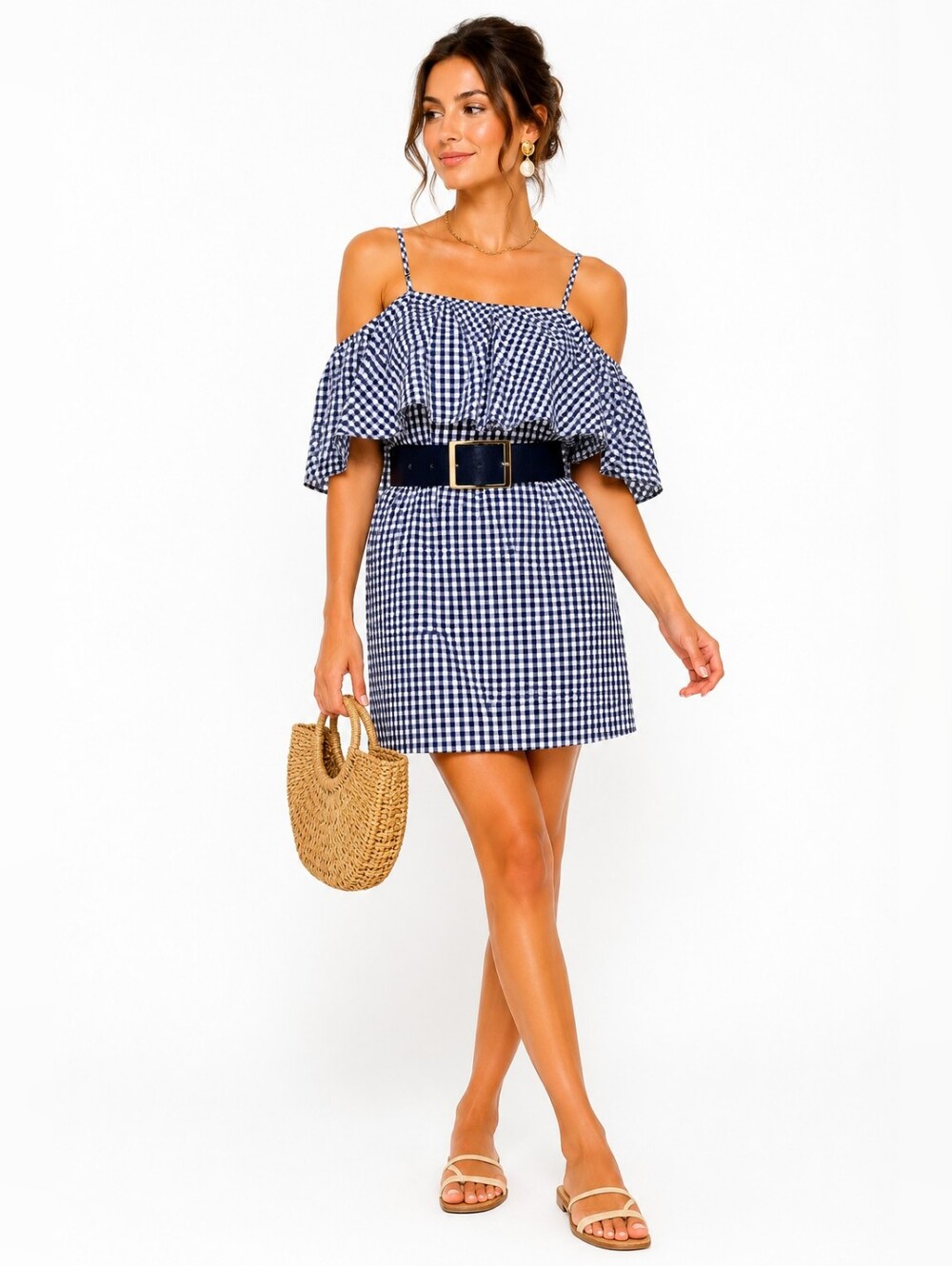 Amanda Uprichard Marise Gingham Cold Shoulder Ruffle Dress Navy Blue M